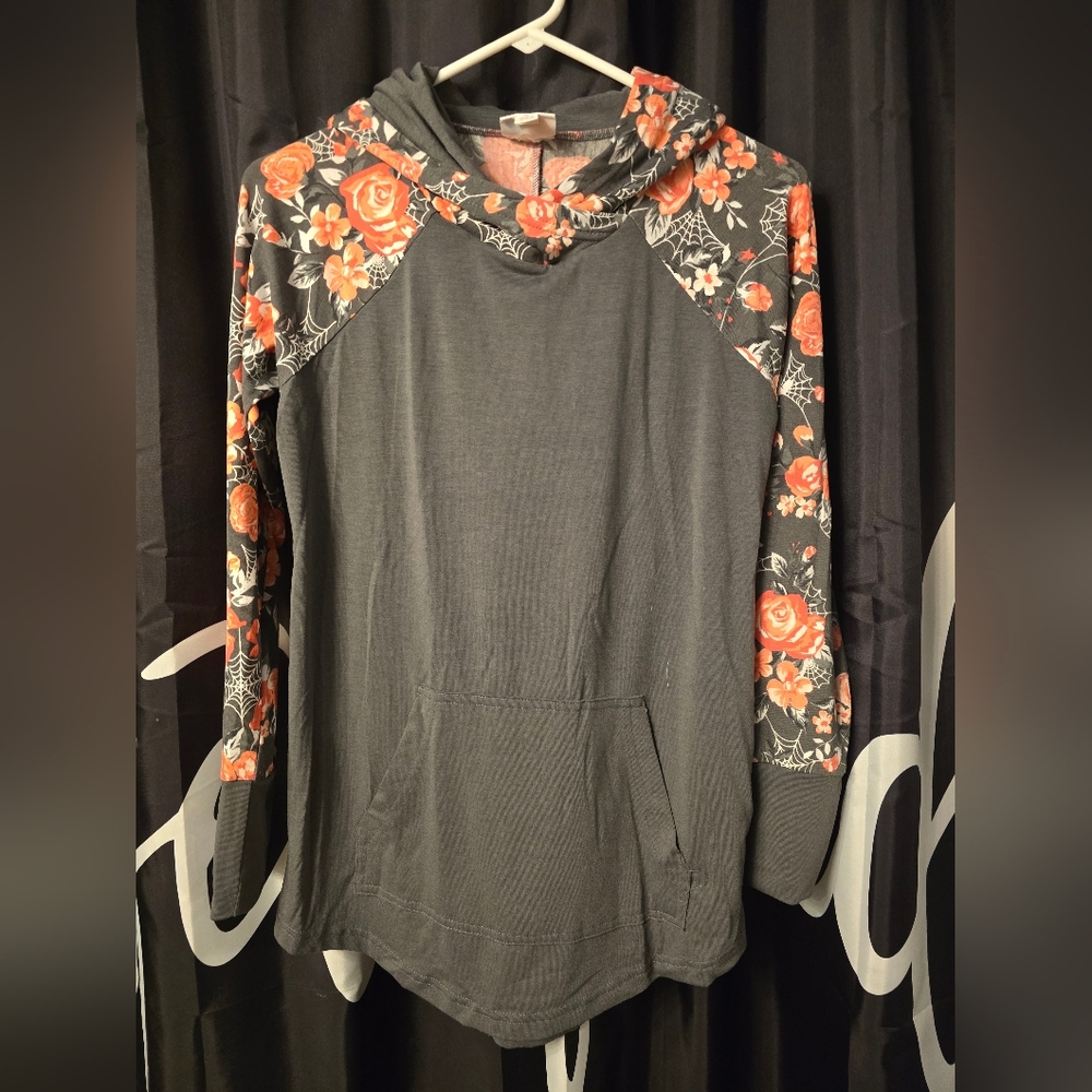 LuLaRoe Grey And Pink Floral/Spiderweb Hoodie